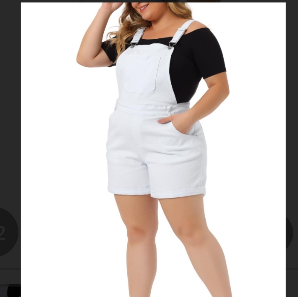 Agnes Orinda Women's Plus Size Overall White Jean Short Bibs 2X NWT 100% Cotton